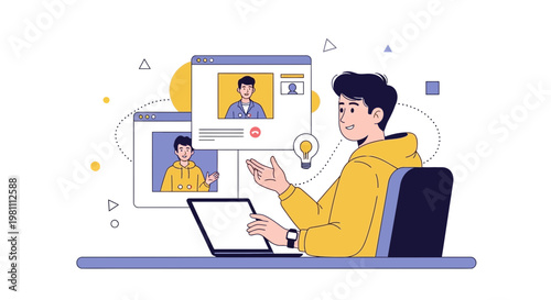 Young man in video call, online meeting, remote work, e-learning, digital communication concept