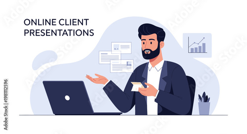 Man presenting online client meeting with laptop, charts, and presentation slides