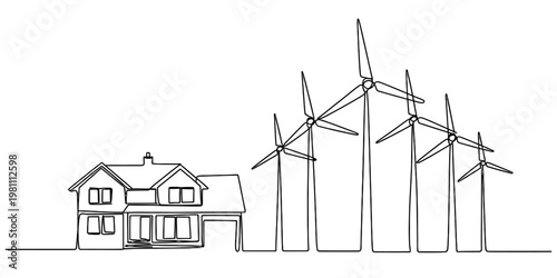 Continuous line drawing of a modern house next to a row of wind turbines for green energy Vector, illustration