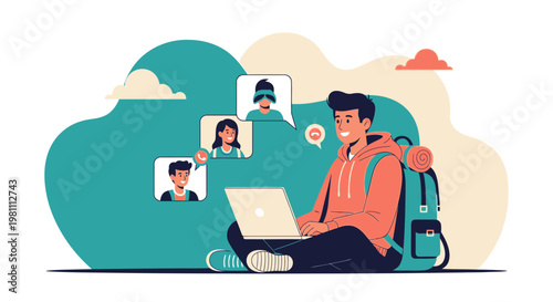 Young man video calling friends while traveling with backpack