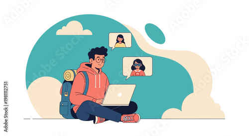 Young man with backpack using laptop for online communication with friends