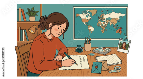 Young woman writing a heartfelt letter to a long distance friend with map illustration
