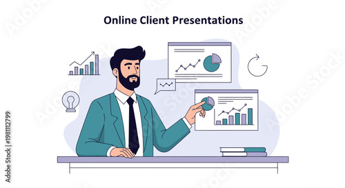 Man presenting online client presentations with charts and graphs