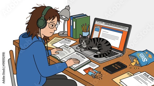 Tired student studying history with cat on laptop and snacks at messy desk