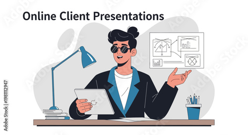 Man presenting online client presentations with tablet and charts on screen