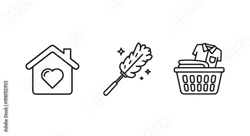 Simple line icons depicting home cleaning and laundry silhouette
