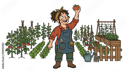 Happy woman gardener harvesting fresh red tomato in vegetable garden cartoon illustration