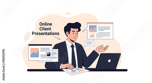 Man presenting online client reports on laptop, virtual meeting, business analytics