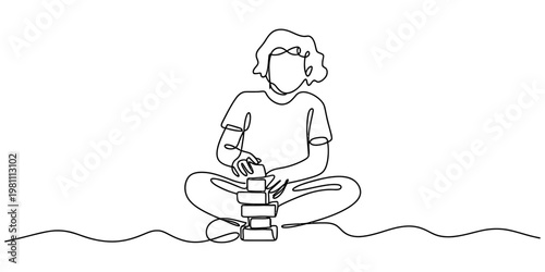 Continuous line drawing of a small child sitting on the floor and building a tower of blocks. Vector, illustration