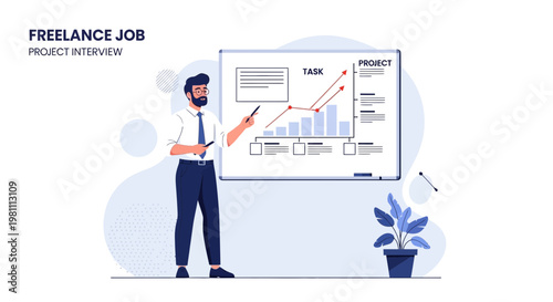 Man presenting project growth chart at freelance job interview, business concept