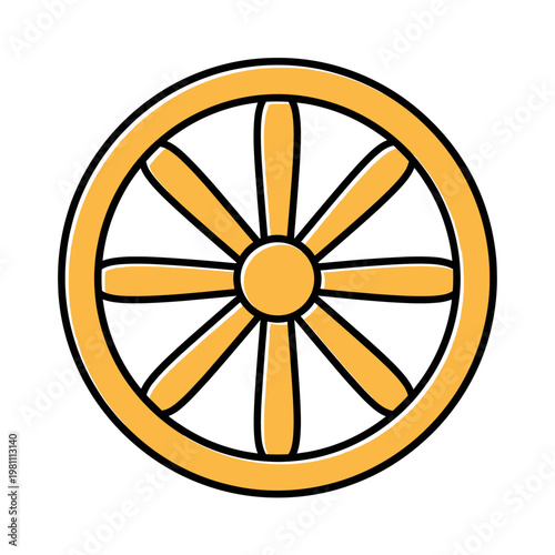 A simple, colorful illustration of a golden wheel with eight spokes and a central hub, outlined in black.