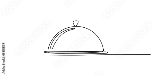 Continuous line drawing of a metal food cloche cover on a platter for restaurant service. Vector, illustration