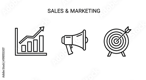 Sales and marketing icons representing growth promotion and target achievement silhouette