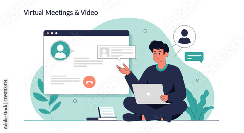 Man using laptop for virtual meeting, online communication and video call concept