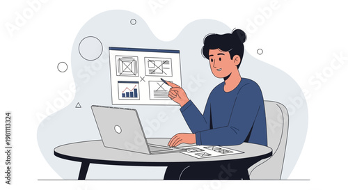 Young man working on laptop, pointing at website wireframes on screen