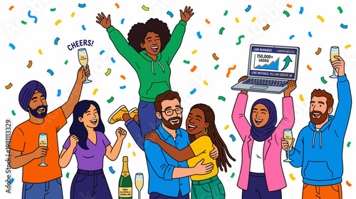 Diverse Team Celebrating Successful Product Launch Milestone With Confetti and Non-Alcoholic Toast