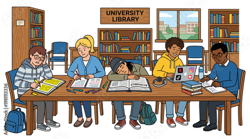 University students studying and procrastinating in library diverse group with books laptop illustration
