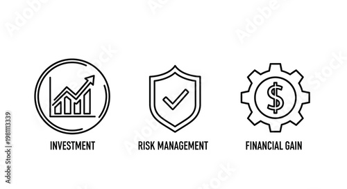 Financial icons representing investment risk and gain in silhouette