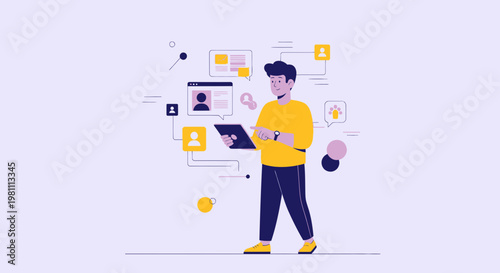 Man using tablet with social media and user interface elements, digital marketing concept