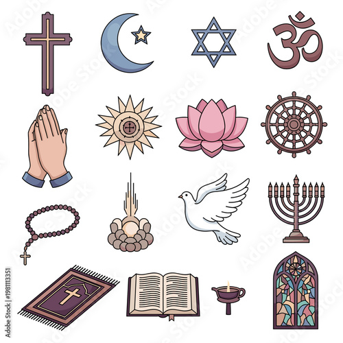 Collection of diverse religious symbols and icons representing various faiths and spiritual practices worldwide on a white background.