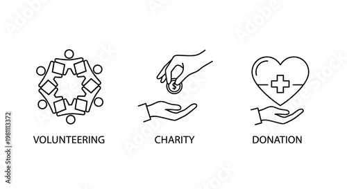 Charity and volunteering concepts shown with simple line art silhouette