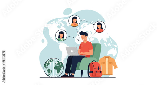 Young man working remotely on laptop, connecting with people globally, freelance concept