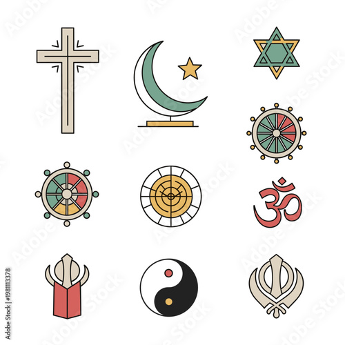 Collection of diverse religious symbols including Christianity, Islam, Judaism, Buddhism, Hinduism, Sikhism, and Taoism, representing global faiths.