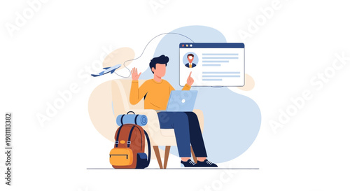 Young man working remotely on laptop with backpack, planning travel, online booking