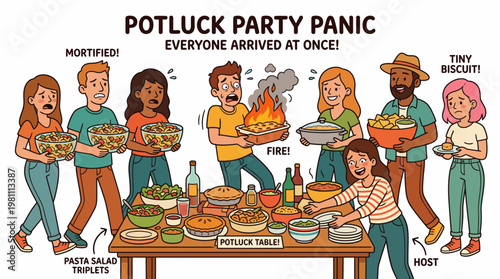 Humorous cartoon illustration of a chaotic potluck party with food mishaps and uncoordinated guests