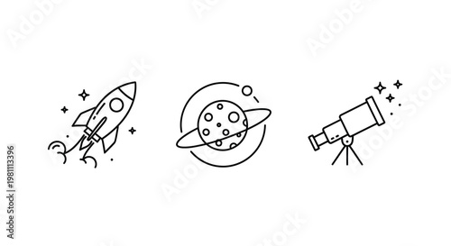 Space exploration icons featuring rockets planets and a telescope silhouette