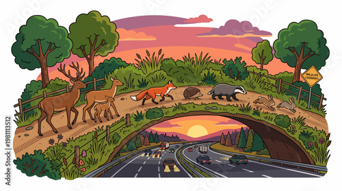 Wildlife crossing bridge over highway with animals at sunset nature conservation illustration