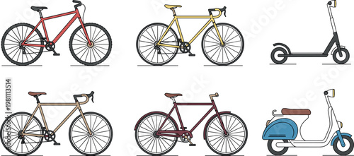 Urban Transportation Icons Set Featuring Bicycles, Scooters, and Electric Bikes for Eco-Friendly Mobility