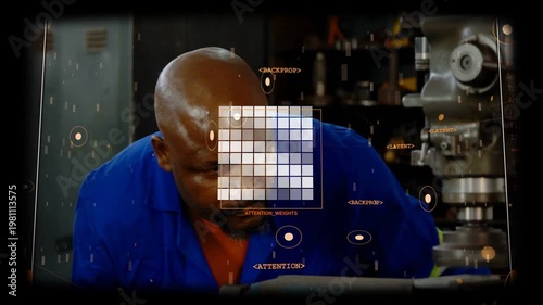 HUD overlay appearing, machinist leaning, shifting head and inspecting spindle and workpiece for QC