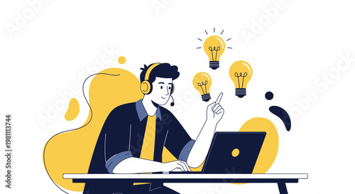 Man with Headphones and Laptop, Ideas and Innovation Concept