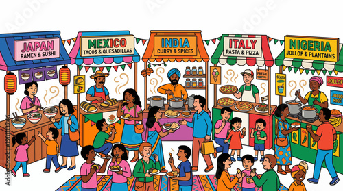 Colorful vector illustration of diverse people enjoying international street food at multicultural festival stalls
