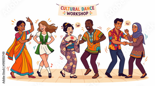Diverse multicultural people in traditional clothing dancing at a cultural dance workshop illustration