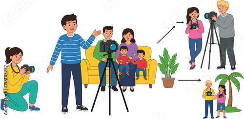 Flat Vector Illustration Set of Professional and Hobbyist Photographers Taking Family Portraits and Outdoor Travel Photos with Modern Digital Cameras and Tripods