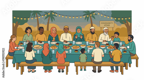 Diverse people gathering for a community Iftar meal during Ramadan outdoor dinner illustration