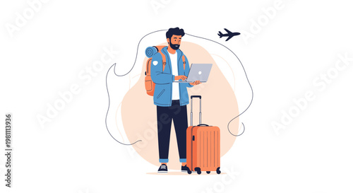 Man with Laptop and Luggage, Traveling by Airplane, Digital Nomad Concept