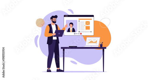 Man with laptop and tablet in video conference, online meeting, remote work concept