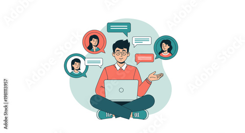 Man with Laptop Communicating Online with People via Chat Bubbles
