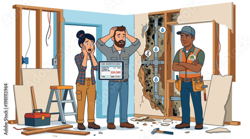 Shocked Homeowners Viewing Expensive Unexpected Plumbing and Mold Repair Bill During Renovation