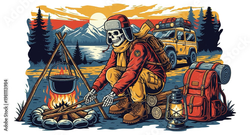Skeleton skull hiker enjoying a campfire with a backpack and car in a mountain landscape at sunset vector design illustration