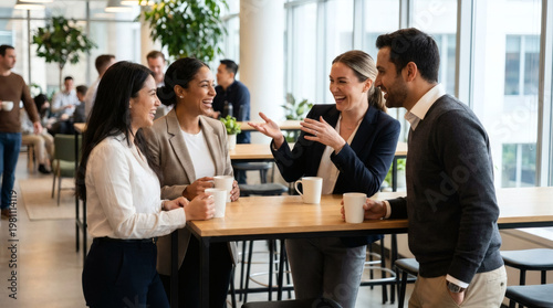 A photograph of a modern office break room with large windows, featuring five diverse professionals in business attire engaging in casual conversation around a wooden table, holding coffee cups.