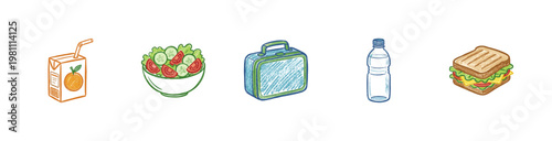 School Lunch and Healthy Snack Food Items with Crayon Crayon Pencil Texture and Organic Fluid Lines