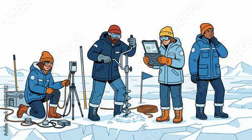 Arctic Research Scientists Conducting Ice Core Sampling and Data Analysis on Frozen Tundra Illustration