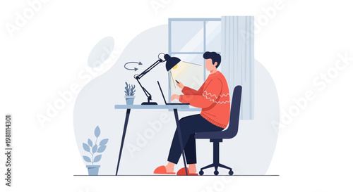 Man working on laptop at desk with desk lamp, home office setup, remote work illustration