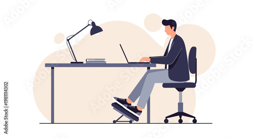 Man Working on Laptop at Desk with Footrest, Ergonomic Home Office Setup
