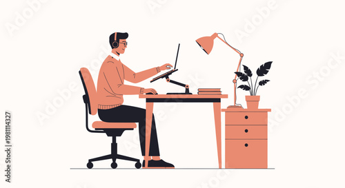 Man working on laptop at desk with headphones and desk lamp, home office setup