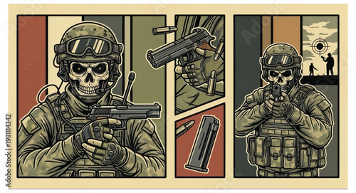 Gritty comic book style illustration portraying skull-masked tactical operators handling firearms with intense focus, set against a vintage, distressed background, symbolizing readiness vector design
